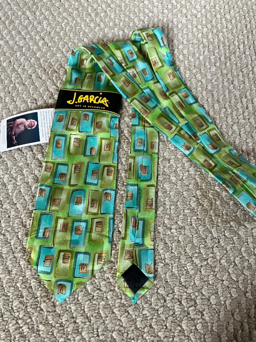 NWT VTG J. Garcia Neck Tie 100% Silk Line Green Teal Gold Squares Collection 38